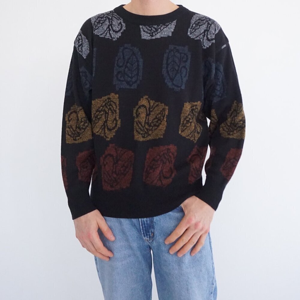 VTG Jodhpur Black Paisley Pattern Knit Sweater Boho Heritage Pattern Crewneck L